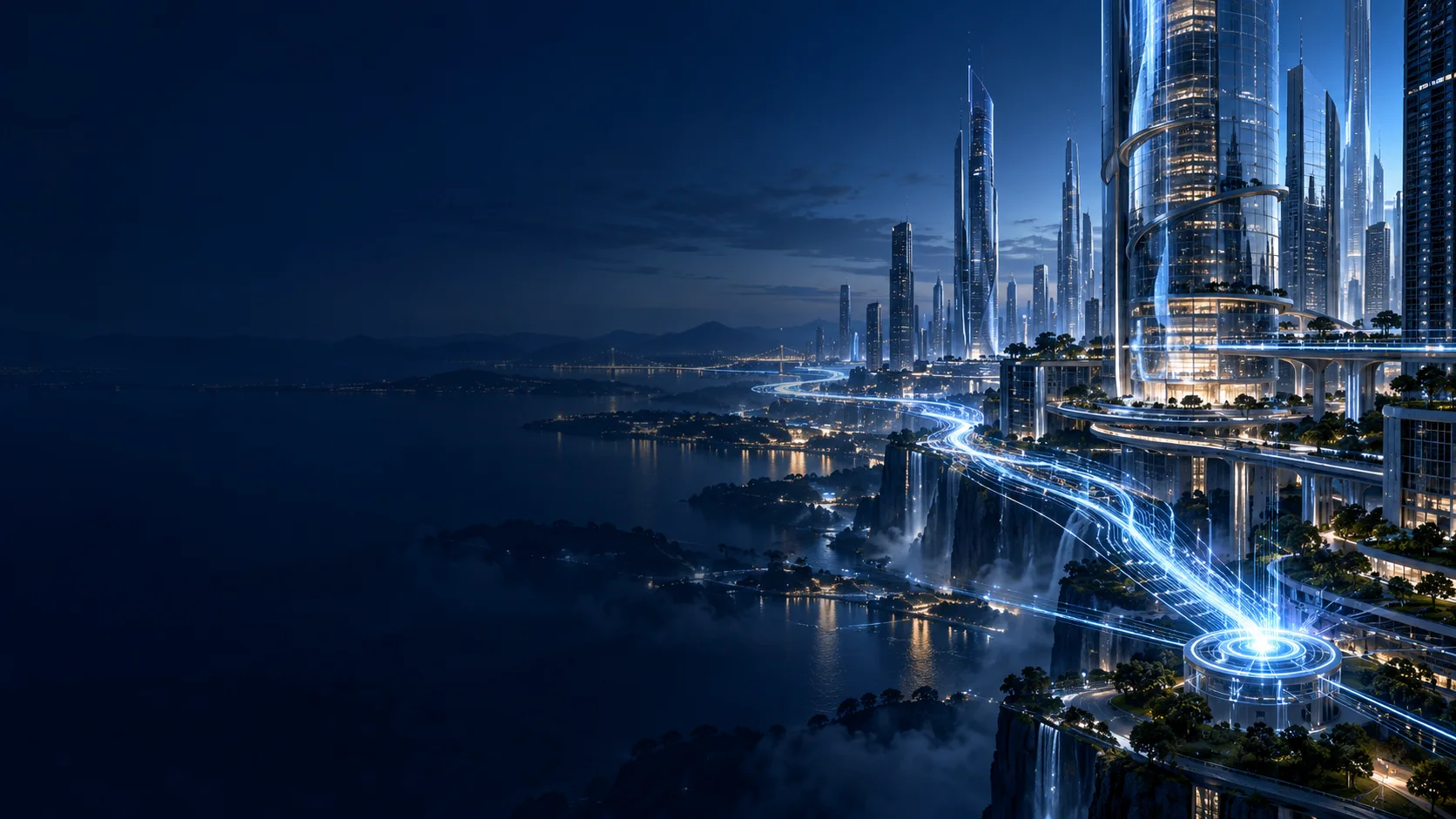 Conceptual AI infrastructure with streams of light converging toward Ask Stellar